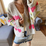 Purpdrank  Vintage Harajuku Autumn/Winter Coat Women's Knit Cardigan Soft Sweet Heart Print V-neck Single-breasted Long-sleeved Top Trendy