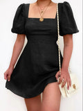 Purpdrank  Hot Sale Of The Season Spring Cotton Lin Mini Dress Street Style Comfortable Casual Pure Color Square Collar Lantern Sleeve