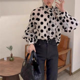 Purpdrank  Women Sexy Tie bow Collar Polka Dot Semi Sheer Shirt Long Sleeve See Through Organza Blouse Transparent Loose Tops