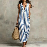 Purpdrank  Boho Striped Print Loose Maxi Dress Women Summer Fashion Sleeveless V-neck Long Dresses Elegant