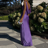 Purpdrank  Elegant Backless Hollow Out Suspender Dress Women Sexy V-neck Sleeveless Satin Long Dress Fashion Hight Waist Pleat Party Dress