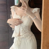 Purpdrank  White Spliced Mesh Lace Sexy Corset Women Summer Tank Tops Wood ears V neck Front Buttons Slim Through Buttons Crop Top
