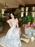 Purpdrank  Elegant French Style Summer Women Dress Design Embroidery Luxury Princess Party Dress Fashion Female Hollow Out Fairy Chic Dress
