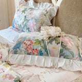 Purpdrank  100% Cotton Korean Princess Style Flowers Prints Lace Ruffles Bedding Set Duvet Cover 1.2M/1.5M/1.8M/2M Bed Skirt Pillowcases