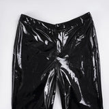 Purpdrank  Cool Reflective Patent Leather Flare Pants Women's Black Low Waist Slim Fit Retro Streetwear Casual Female Long Trousers