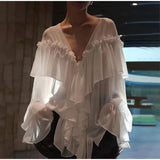 Purpdrank  Elegant Ruffle Solid Women Shirts Sexy See Through Deep V Neck Full Flare Sleeve Female Blouse 2025 Spring Loose Office Lady Top