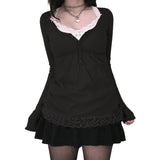 Purpdrank  Y2k Cottage Lace Trim Babydoll T-shirt Autumn Button Up Long Sleeve Pullovers Tops Women Cyber Grunge Loose Fit Blouse Tees