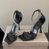 Purpdrank  New Luxury Rhinestones Tassels Women Gladiator Sandals Sexy Ankle Strap Crystal Thin High heels Summer Party Wedding Shoes