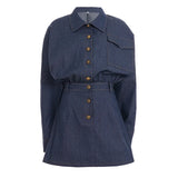Purpdrank  Women's Denim Dress Vintage Style Blue Turn Down Collar Long Sleeve Metal Buttons Slim Short Jeans Dress Casual Streetwear