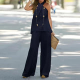 Purpdrank  Simple Cotton Linen Women's Suits Summer Fashion Sleeveless Halter Loose Blouse Wide Leg Pant Two Piece Set Womens Matching Sets