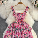Purpdrank  Flower Printed Pleated Waist A-line Dress Sweet Beach Chiffon Fragmented Pink Strap Dresses Fashionable Cake Vestidos Fairy