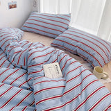 Purpdrank  Simple Red and Blue Striped Quilt Cover Bed Sheet Four-piece Set Washed Cotton Bedding College Dormitory Three-piece Set