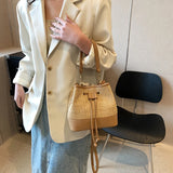 Purpdrank  Straw Woven Design Crossbody Bags For Women Summer Beach Drawstring Bucket Shoulder Bag Big Capacity Designer Handbag