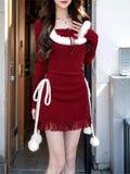 Purpdrank  New Winter Fur Spliced   square Collar Long-sleeved Dress with Atmosphere Slim Short Skirt