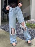 Purpdrank  Lace Spliced Ripped Jeans Female Vintage Fashion Loose Wide-leg Denim Trousers Casual Lazy Chic Light Blue Straight Pants Mujer