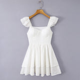 Purpdrank  Sexy White Embroidery Lace Pad Bra Corset style Wood ears Strap Mini Tank Dress Women 2 Layers Ruffles Swing Dresses Vestdios