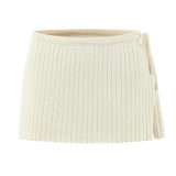 Purpdrank  New Fashion Autumn Bow Lacing Up Low Waist Side Slit Rib Knit Skirt for Women With Shorts Underwear Mini Skirts Beige Pink