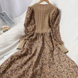 Purpdrank  Autumn Winter New Korean Version of Age-reducing Splicing Strap Slimming Knitted Long Dress Fashion Corduroy Floral Dress