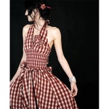 Purpdrank  Vintage Plaid Long Dress Women Vacation Beach Sexy Halter Floral Maxi Dresses Summer Korean Backless Bodycon Vestidos New
