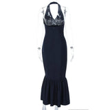 Purpdrank  Elegant Navy Blue Halter Mermaid Long Dress Women Sexy Deep V Front Sleeveless Backless Slim Bodycon Evening Party Gown