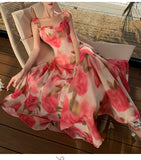 Purpdrank  Super Fairy Large Swing Atmosphere Pink Rose Flower Retro Square Neck Strap Long Dress Design Sense Beach Vacation Dress