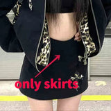 Purpdrank Vintage Fashion Fake Two Piece Leopard Print Hooded Jackets+ Y2k High Waist Bodycon Skirts 2025 Autumn New Black Sets