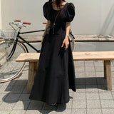 Purpdrank  Chic Summer Women's Long A-Line Dress round Neck Bubble Sleeve High Waist Slimming Gown Korean Style Commute Friendly Polyest...