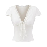 Purpdrank  Women's Summer Slimming T-Shirt Pure Lusty Sweet Sexy V Neck Short-Sleeved Top with Breast Pads New Style