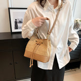 Purpdrank  Straw Woven Design Crossbody Bags For Women Summer Beach Drawstring Bucket Shoulder Bag Big Capacity Designer Handbag