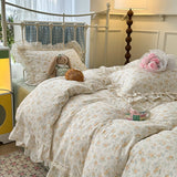 Purpdrank  French Floral Lace Ruffles Bedding Set Double Layer Yarn Pure Cotton Duvet Cover Set Pillowcases With Flat/Fitted Bed Sheet 4Pcs