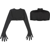 Purpdrank  Women's Black O Neck Long Sleeve Crop T-Shirt and Stand Collar Cover Top 2 Piece Set with Gloves Fall Fashion Outfits