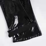 Purpdrank  Cool Reflective Patent Leather Flare Pants Women's Black Low Waist Slim Fit Retro Streetwear Casual Female Long Trousers