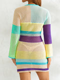 Purpdrank  Women Mini Bodycon Dress Cutout Knitted Contrast Color Stripe Long Sleeve Dress Spring Party Club Wrapped Hip Dress