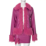 Purpdrank  Sexy Faux Leather Two Piece Women Furry Winter Outfit 2025 Fashion Faux Fur Collar Cardigans Coat and Micro Skirts Matching Sets