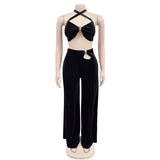 Purpdrank  Irregular Velvet Long Pants Two-pieces Set Criss-cross Hanging Neck Lacing Tank Tops+Hollow Trousers Fashion Sexy Club Wear