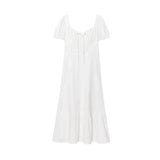 Purpdrank  Women White Bow V neck Spliced Lace High Waist Midi Dress Woman Retro French style Short Puff Sleeve Dresses Holiday Robe