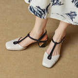 Purpdrank  Summer Women Shoes Genuine Leather Shoes for Women Square Toe Chunky Heel Women Sandals Retro Cover Toe Ankle Strap Shoes