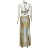 Purpdrank  Beach Dress Women Summer Tie Dye Print Sleeveless Hollow Cut Out Sleeveless Halter Neck Long Dress Club Party Dresses
