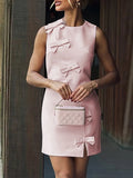 Purpdrank  Summer Women Casual Sleeveless Party Dress Elegant O-neck Bow Hight Waist Pink Dress Fashion Personality Split Solid Mini Dress