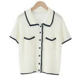 Purpdrank  Summer Single Breasted Hollow Out Women's Shirts Pockets Polo Collar Korean Short Sleeve Knitted Tops Female