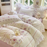 Purpdrank  Flower Skin-friendly Washed Cotton Bedding Set Duvet Cover Set Korean Lace Ruffles Quilt Cover Soft Cover Bed Linen Pillowcases