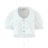 Purpdrank  Stylish White Spliced Lace Short Puff Sleeve Shirt Women Peter Pan Collar Bow Hem Loose Crop Tops