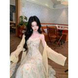 Purpdrank  Summer Floral Printed Long Dress Women Patchwork Lace Chiffon Fairy Dress Casual Gold Stamping Bow Tie Suspender Dress