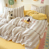 Purpdrank  Embroidery Stripe Bedding Set Cute Cartoon Washed Cotton Soft Four Piece Sets Pillowcase Duvet Cover Set 200x230cm Home Textiles