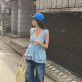 Purpdrank  Summer Korean Cute Strapless Women's Bow Blouses 2025 New Sleeveless V-neck Ruffles Sexy Short Shirts Tank Top Female