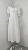 Purpdrank  Summer Fashion Womens White Long Dresses Elegant Short Sleeve V-Neck Hollow Out Dresses High Waisted Casual Dress