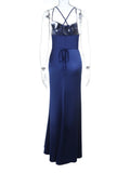 Purpdrank  Elegant Satin Slip Maxi Dress for Women Solid Sexy Sleeveless Criss-cross Backless Ruched Slim Bodycon Evening Party Gown