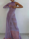 Purpdrank  Women Sexy Y2k One Shoulder Long Sleeve Crochet Knit Long Dress Summer Beach See Through Party Grunge Club Cover Up Outfits