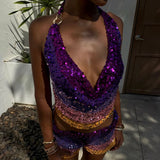 Purpdrank  Summer Elegant Deep V-neck Crop Top Women Fashion Colorful Shinny Sequined Beach Blouse Casual Sleeveless Hollow Party Tee