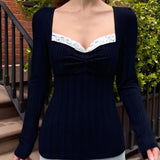 Purpdrank  Cottage Grunge Lace Trim T-shirt 90s Aesthetic Vintage Long Sleeve Pullovers Women Autumn Square Collar Slim Fit Tees Shirt